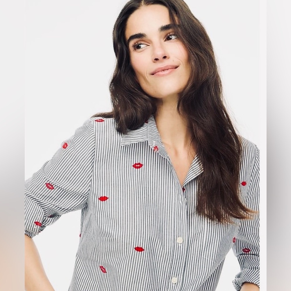 EUC JCrew Size Med Striped Buttondown with Red Lips